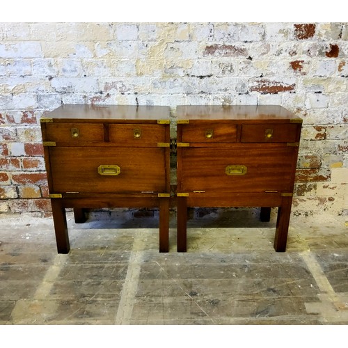 234 - A good pair of brass bound fiddle back mahogany campaign style bedside chests, holding two short dra... 