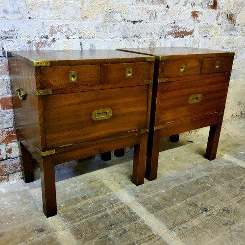 234 - A good pair of brass bound fiddle back mahogany campaign style bedside chests, holding two short dra... 