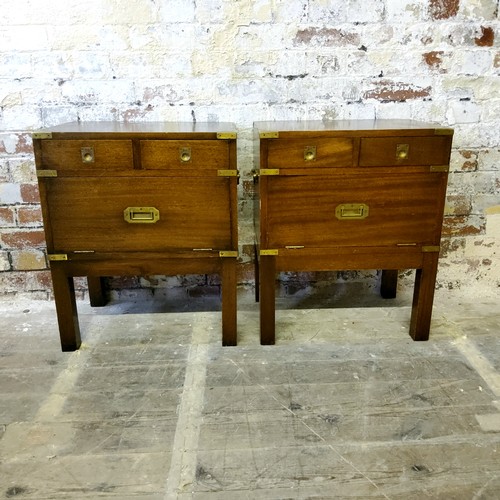 234 - A good pair of brass bound fiddle back mahogany campaign style bedside chests, holding two short dra... 