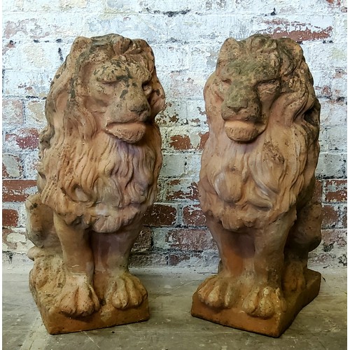 238 - Garden Statutory - a pair of large country house entrance terracotta lions, seated 70cm high