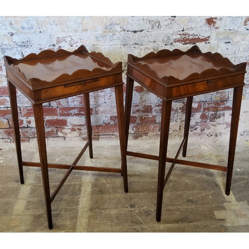 246 - A pair of Regency style flamed mahogany bedside tables, shaped gallery above single pull out slide t... 