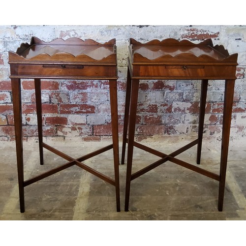 246 - A pair of Regency style flamed mahogany bedside tables, shaped gallery above single pull out slide t... 