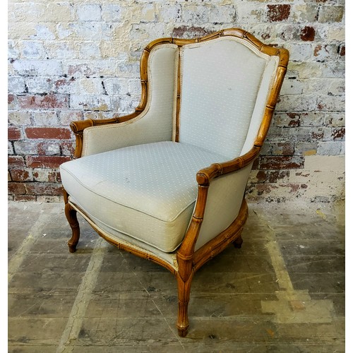 260 - A mid 20th century faux bamboo open armchair, stylised cabriole legs, pad feet, duck egg blue uphols... 