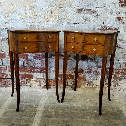 271 - A pair of delicate Sheraton Revival flamed mahogany and satinwood inlaid bedside tables, shaped rect... 