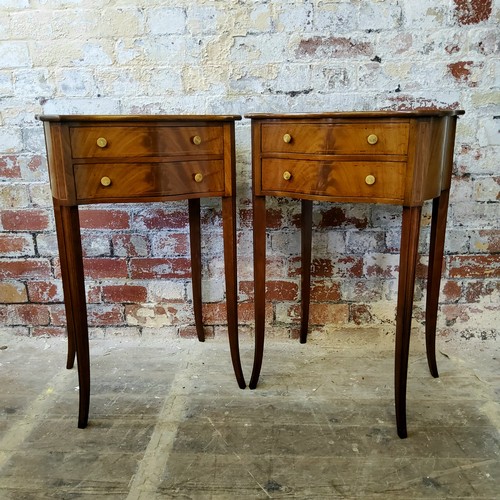 271 - A pair of delicate Sheraton Revival flamed mahogany and satinwood inlaid bedside tables, shaped rect... 