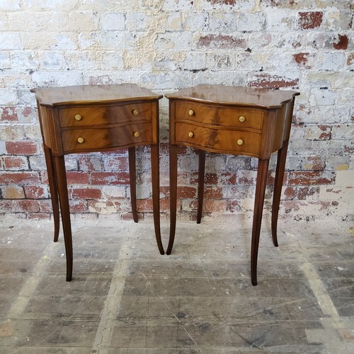 271 - A pair of delicate Sheraton Revival flamed mahogany and satinwood inlaid bedside tables, shaped rect... 