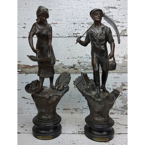 3 - A pair of French spelter figures both titled 'L'Agriculture'