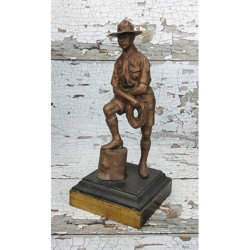 6 - Local interest - a presentation bronzed figure of a Boy Scout standing on a tree stump, brass p... 