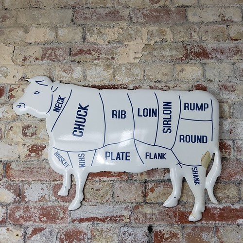 15 - Interior Design  - an enamel butcher's shop sign illustrating the different cuts of meat in the... 