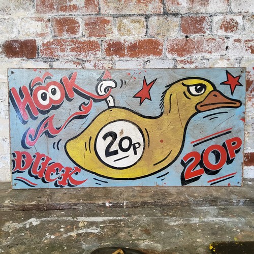 18 - A hand painted Hook A Duck fairground sign 90cm x 46cm c.1970s