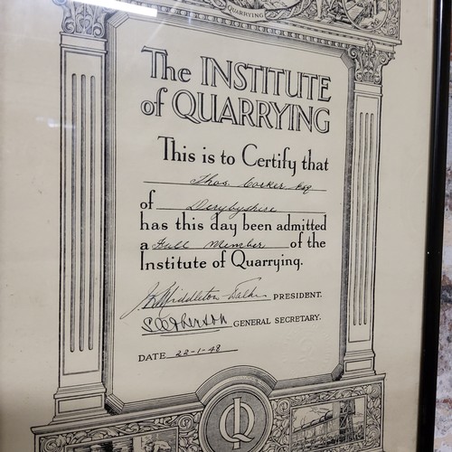 36 - A 1940's The Institute Of Quarrying certificate given to Thomas Cocker Esq. Of Derbyshire, with deco... 