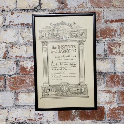 36 - A 1940's The Institute Of Quarrying certificate given to Thomas Cocker Esq. Of Derbyshire, with deco... 