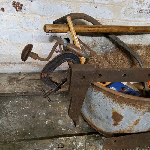 44 - Tools & Salvage - a large galvanised twin handled bath 135cm wide; Victorian pitch fork, large s... 