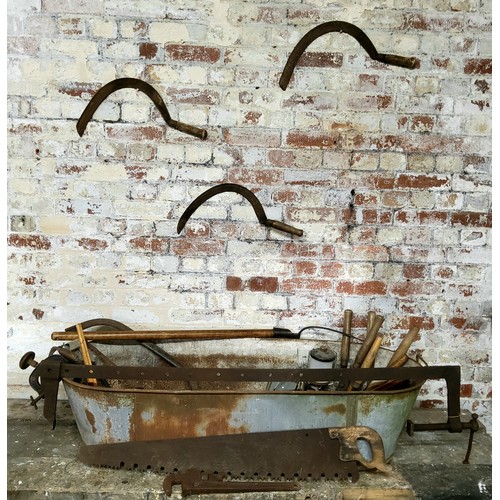 44 - Tools & Salvage - a large galvanised twin handled bath 135cm wide; Victorian pitch fork, large s... 