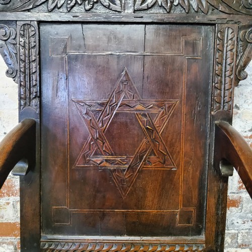 53 - Masonic Interest - A Charles II oak Wainscot Grand Master of ceremony chair / throne c.1680, inlaid ... 