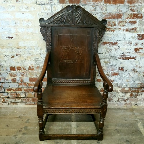 53 - Masonic Interest - A Charles II oak Wainscot Grand Master of ceremony chair / throne c.1680, inlaid ... 