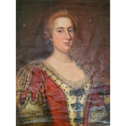 59 - A 20th century large portrait possibly of Queen Anne, oil on canvas, signed DL to corner, 120 x 92cm... 
