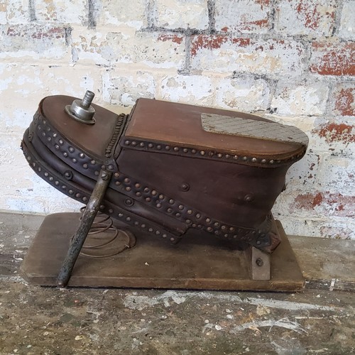 139 - Fire Fighting Interest- a set of Victorian fireman's bellows c.1880, mounted on a wooden plinth