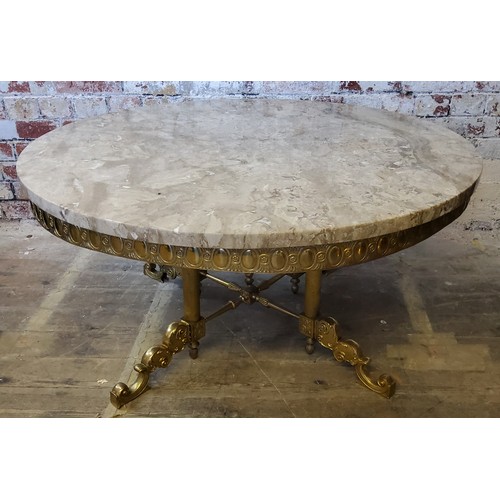 195 - A large Empire taste veined marble topped coffee table, raised on a gilt metal base with four fluted... 