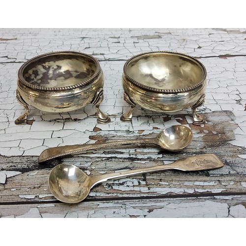 261 - A pair of George III silver salt cellars hallmarked George Nangle, London 1820; two George III spoon... 