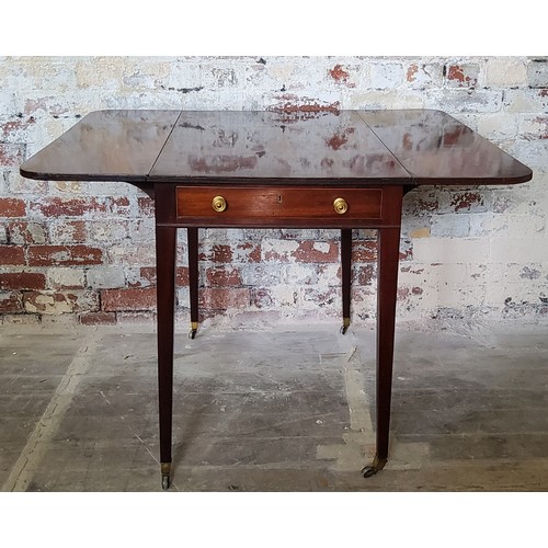 384 - An Edwardian Sheraton Revival mahogany Pembroke table, long drawer to frieze, period brass handles, ... 