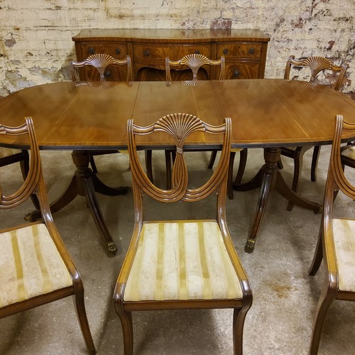 387 - A very good mid 20th century Regency style mahogany sideboard, extending pedestal table with one add... 