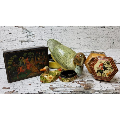 37 - Boxes & Objects - A hand painted Russian Lacquered trinket box, dated 1935; Persian hexagon... 