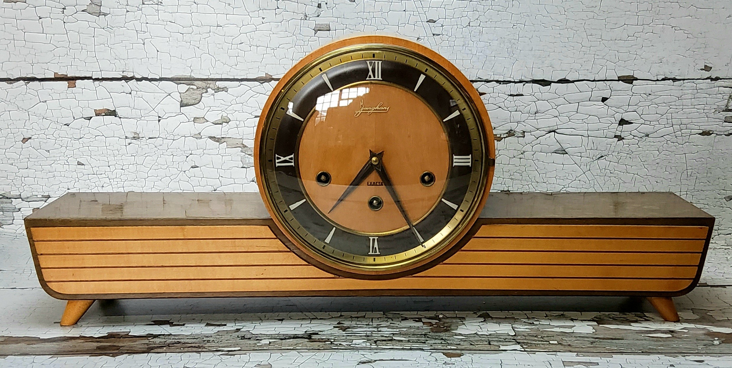 An unusual 1930 s Art Deco Junghans Exacta maple mantel clock