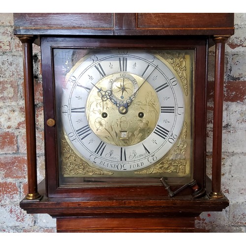 52 - A Victorian oak cased grandfather clock, brass dial, raised silver chapter ring, black Roman numeral... 