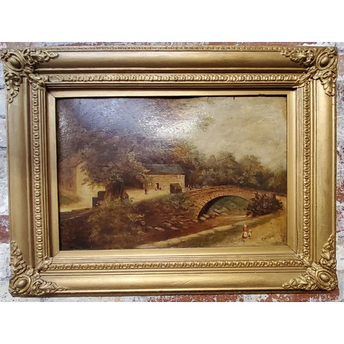 152 - E WilliamsThe Village Bridgeoil on boardsigned, gilt frame 33 x 50cms