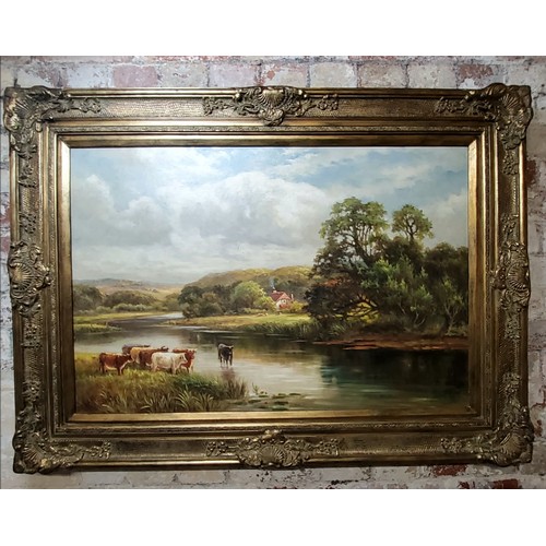 154 - A 20th century oil on canvas, Cattle by the River, unsigned, substantial gilt frame 60 x 90cms