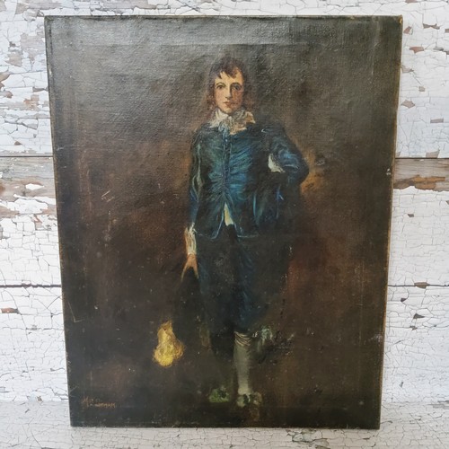 150 - A late 19th/early 20th century oil painting of Gainsboroughs's The Blue Boy, signed Muriel xxxxham, ... 