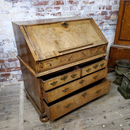 138 - A period Queen Anne burr walnut feather banded bureau, the sloping fall enclosing an arrangement of ... 