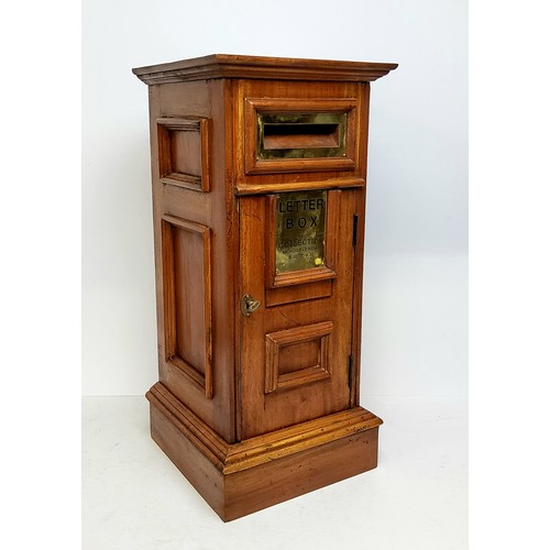 75 - A mahogany country house letter box, panelled throughout, with brass fixtures, plinth base, with key... 