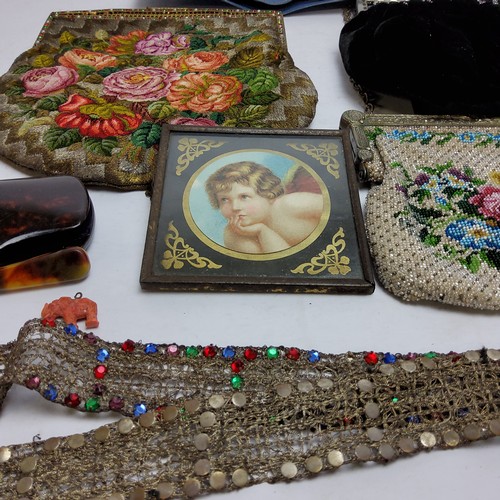 167 - Costume Jewellery - various early 20th century beadwork evening bags; white metal belt; 19th century... 