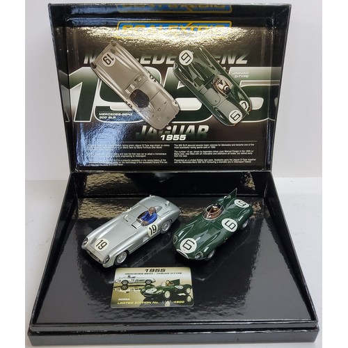 202 - Scalextric 1955 Mercedes and Jaguar Set - 300 SLR, silver, racing No.19 and Jaguar D Type, dark gree... 