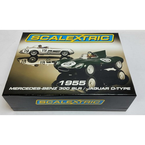 202 - Scalextric 1955 Mercedes and Jaguar Set - 300 SLR, silver, racing No.19 and Jaguar D Type, dark gree... 