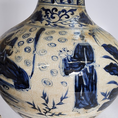 108 - A large Ming Dynasty style Chinese bottle vase, blue and white decoration of elders drinking tea, in... 