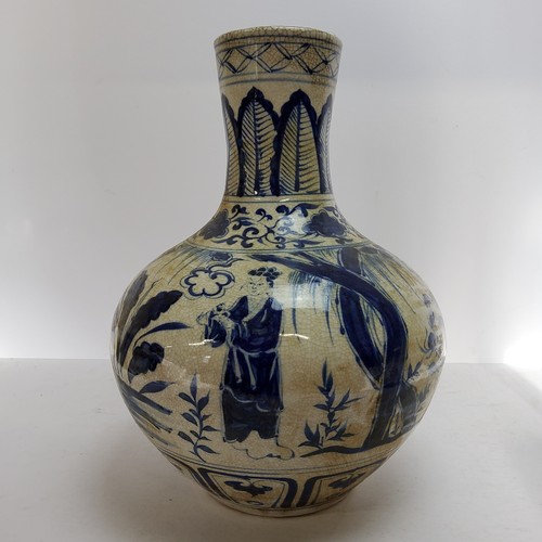 108 - A large Ming Dynasty style Chinese bottle vase, blue and white decoration of elders drinking tea, in... 