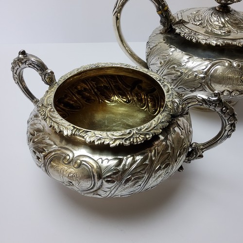 145 - A George III and George IV conforming silver three piece tea set, hallmarked Joseph Angell I, London... 