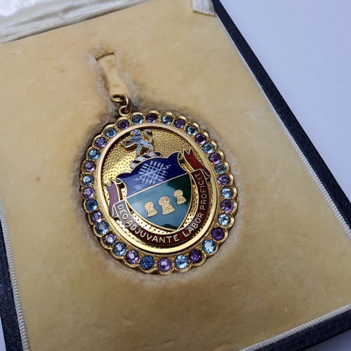 155 - Local interest - a 9ct gold and enamel medallion, the obverse mounted with enamelled Sheffield coat ... 