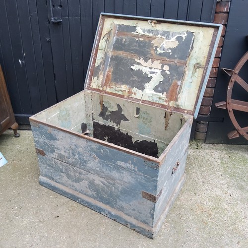 257 - A substantial Victorian painted pine blanket box, distressed powder blue appearance c.1860