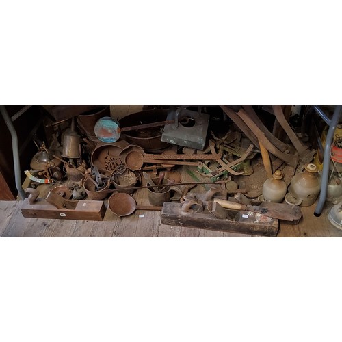 270 - Metalware - various adze tools; various early 20th century planes; weighing scales; smelting cauldro... 