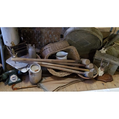 272 - Boxes & Objects - Salvage - aluminum milk churns; croquet set; wicker basket; stove; butcher's s... 