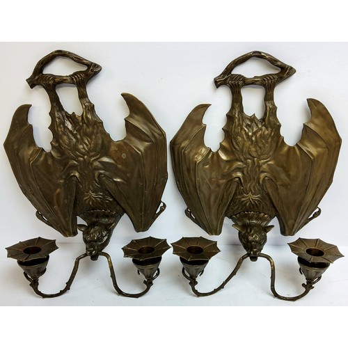 273 - An unusual pair of large bronze bat wall sconces, scrolling arms terminating with spider web shaped ... 