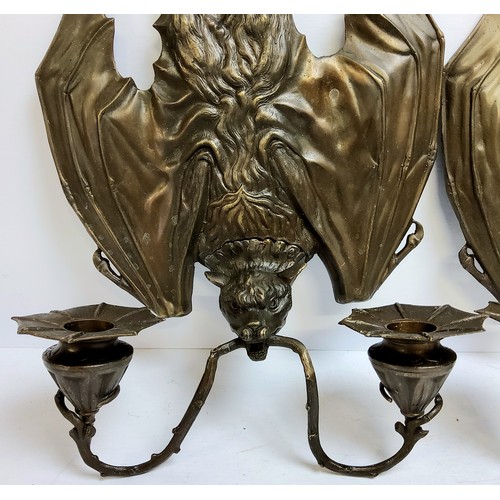 273 - An unusual pair of large bronze bat wall sconces, scrolling arms terminating with spider web shaped ... 