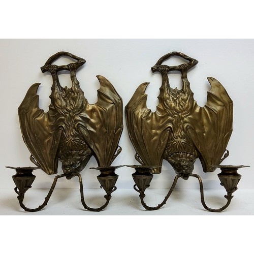 273 - An unusual pair of large bronze bat wall sconces, scrolling arms terminating with spider web shaped ... 