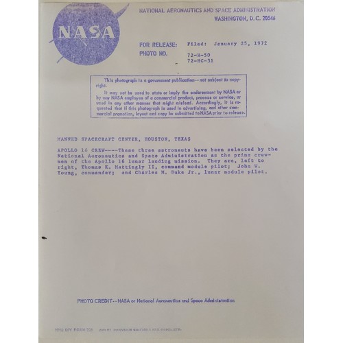 223A - NASA interest - an interesting archive including an official NASA press photograph of Apollo 16 Crew... 