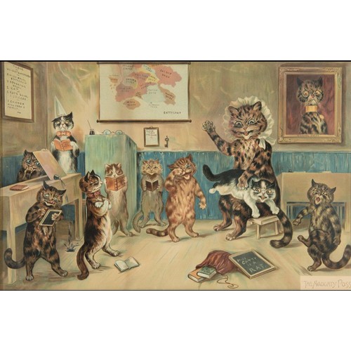 54 - After Louis Wain (BRITISH, 1860-1939) 'The Naughty Puss', large colour print, early 20th century mah... 