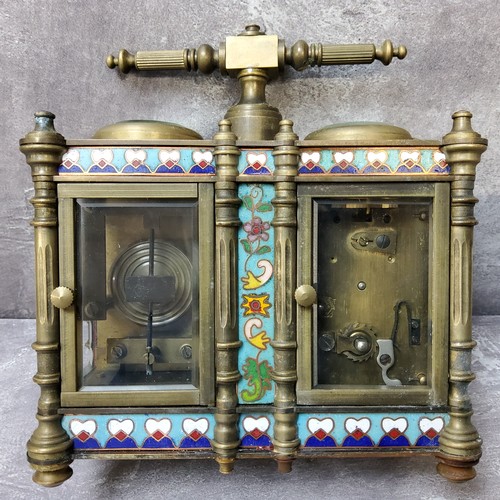 61 - A double cloisonne combination carriage clock and barometer with key, 5'' wide x 5 1/2 '' high x 2 1... 